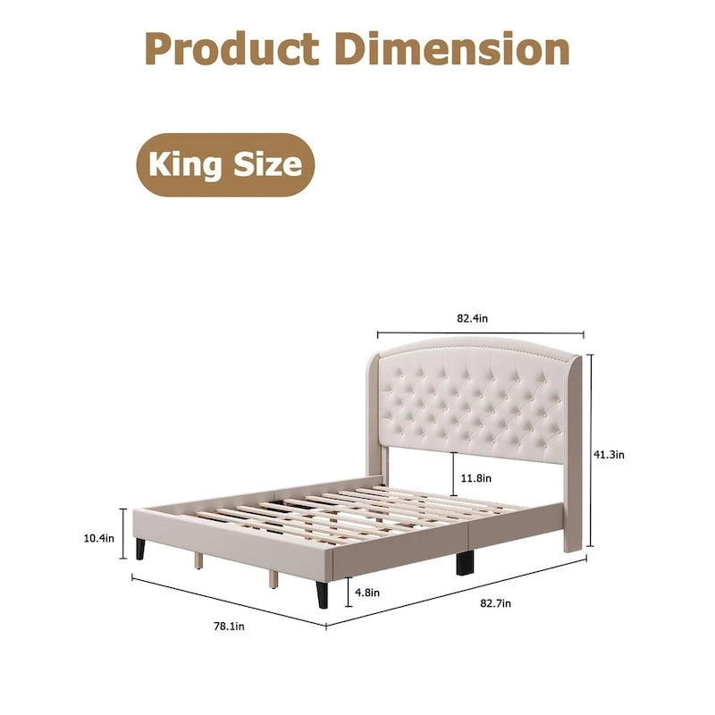 Upholstered Platform Bed Frame with Wingback Headboard