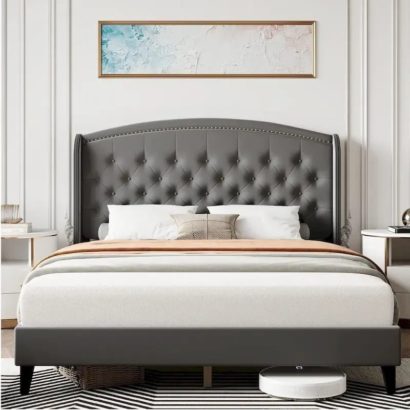 Upholstered Platform Bed Frame with Wingback Headboard