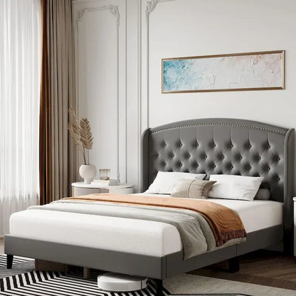 Upholstered Platform Bed Frame with Wingback Headboard