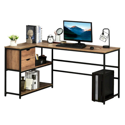 HOMCOM L-Shaped Home Office Writing Desk with Storage Shelf, Drawer, Brown