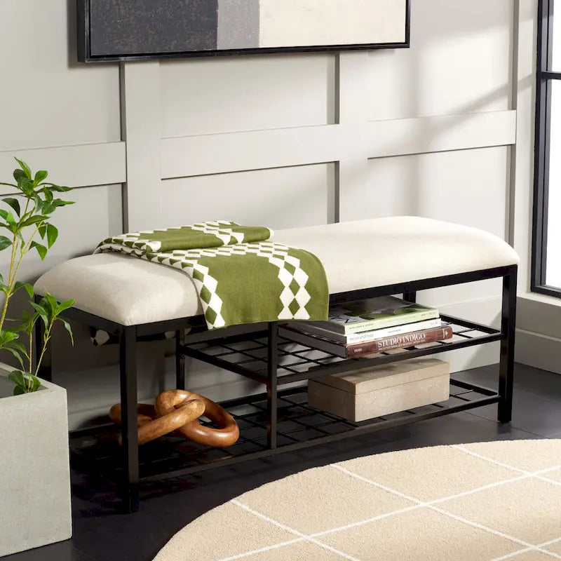 SAFAVIEH Yael Open Shelf Bench with Cushion - 42 W x 15 D x 18 H - 42Wx15Dx18H