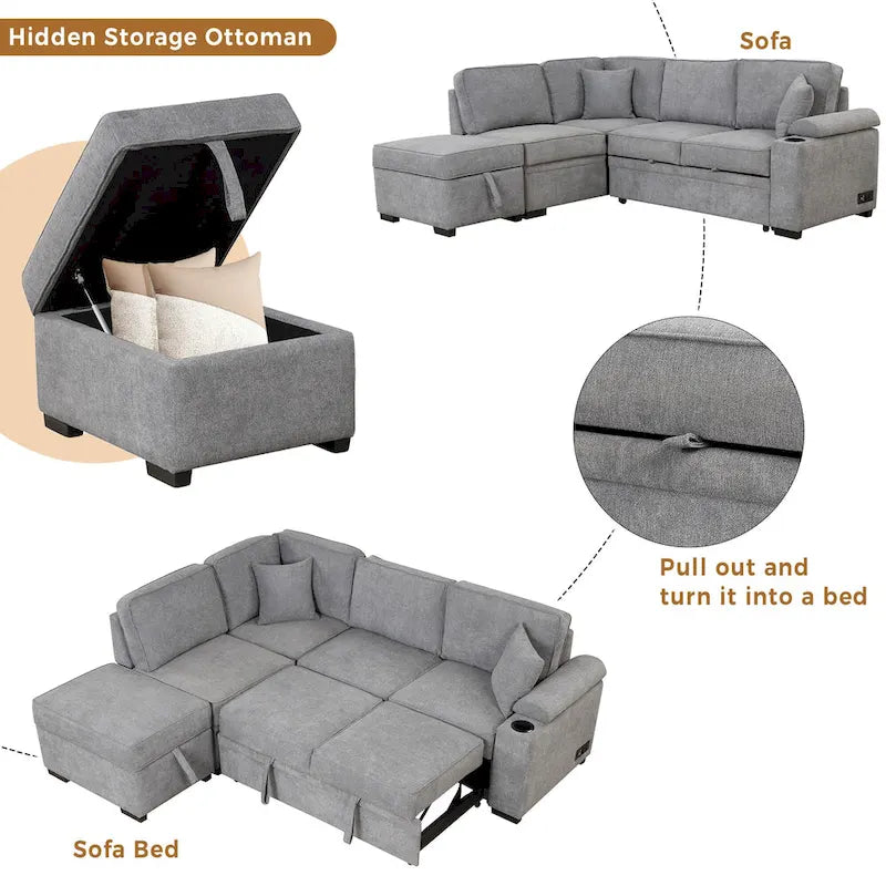 87.4 Sleeper Sofa Bed,2 in 1 Pull Out sofa bed L Shape Couch with Storage Ottoman for Living Room,Bedroom Couch and Small Apart