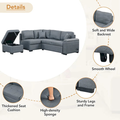 Sleeper Sectional Sofa, L-Shape Corner Couch Sofa-Bed with Storage Ottoman & Hidden Arm Storage & USB Charge for Living Room Ap