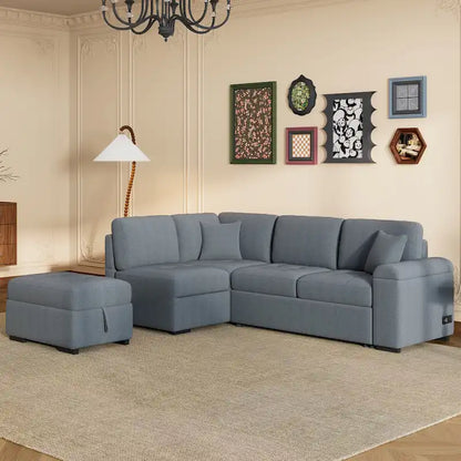 Sleeper Sectional Sofa, L-Shape Corner Couch Sofa-Bed with Storage Ottoman & Hidden Arm Storage & USB Charge for Living Room Ap