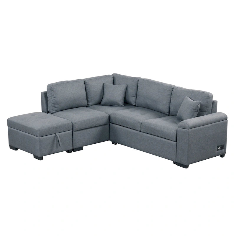 Sleeper Sectional Sofa, L-Shape Corner Couch Sofa-Bed with Storage Ottoman & Hidden Arm Storage & USB Charge for Living Room Ap