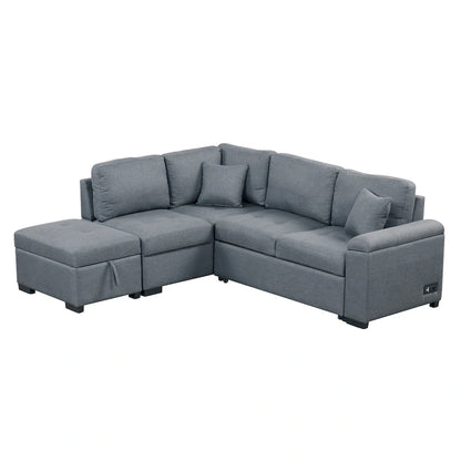 Sleeper Sectional Sofa, L-Shape Corner Couch Sofa-Bed with Storage Ottoman & Hidden Arm Storage & USB Charge for Living Room Ap