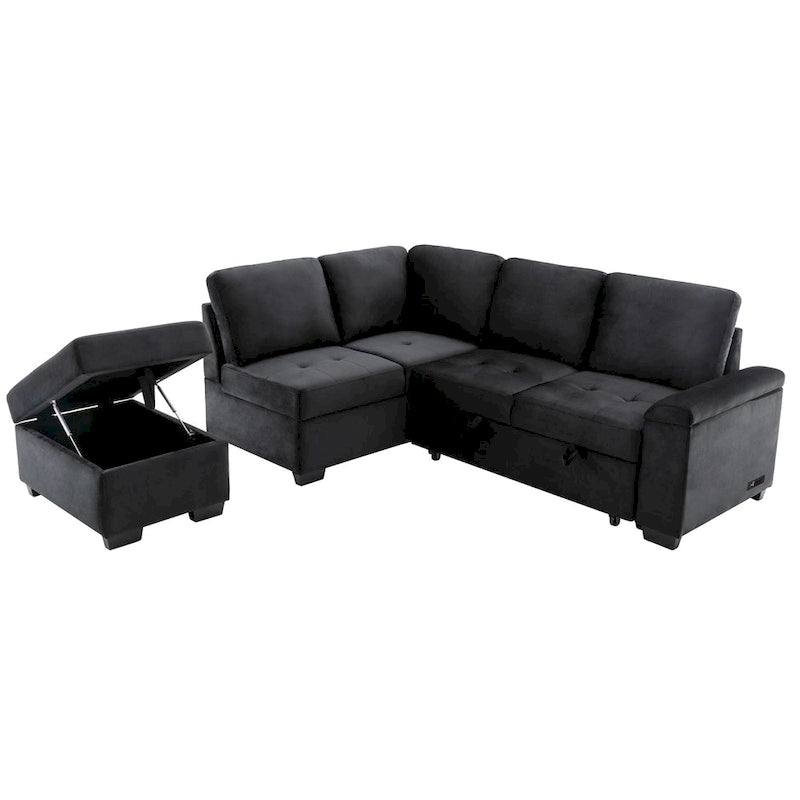 Sleeper Sectional Sofa, L-Shape Corner Couch Sofa-Bed with Storage Ottoman & Hidden Arm Storage & USB Charge for Living Room Ap