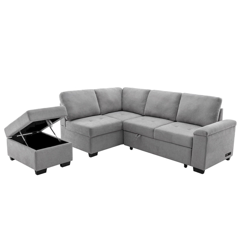 Sleeper Sectional Sofa, L-Shape Corner Couch Sofa-Bed with Storage Ottoman & Hidden Arm Storage & USB Charge for Living Room Ap