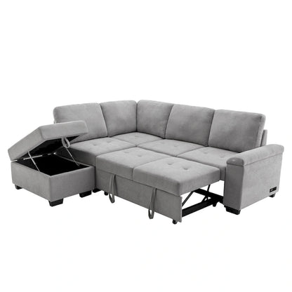 Sleeper Sectional Sofa, L-Shape Corner Couch Sofa-Bed with Storage Ottoman & Hidden Arm Storage & USB Charge for Living Room Ap