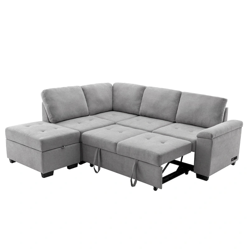 Sleeper Sectional Sofa, L-Shape Corner Couch Sofa-Bed with Storage Ottoman & Hidden Arm Storage & USB Charge for Living Room Ap