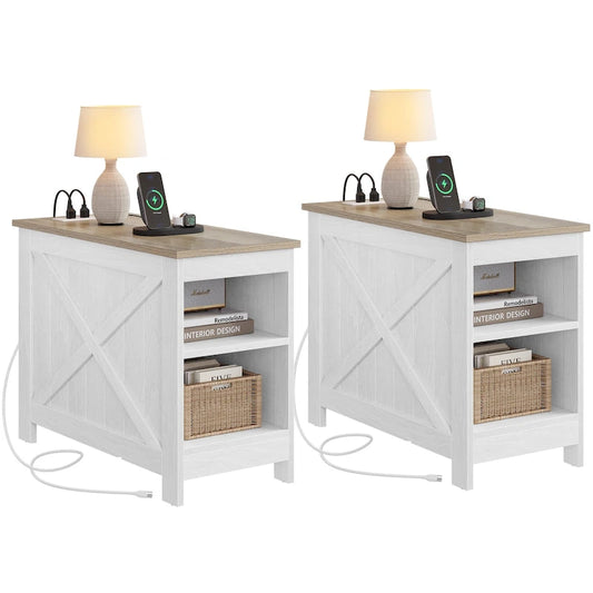 Moasis Set of 2 End Table with Charging Station Side Table with Storage, 2 Power Outlets & 2 USB Ports