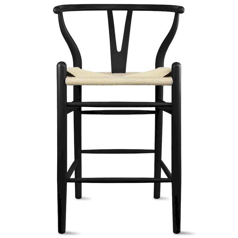 Solid Wood Countertop Height Barstool with Open Y Back Farmhouse Woven Organic Natural Chair For Kitchen Designer - N/A