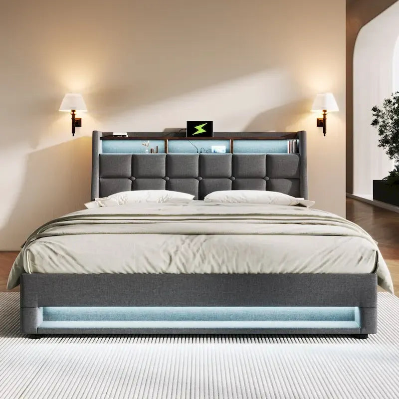 Queen/Full Size Upholstered Platform bed with a Hydraulic Storage System, LED and USB Charging