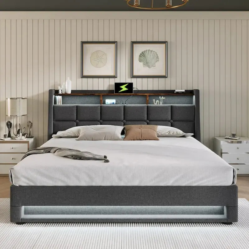 Queen/Full Size Upholstered Platform bed with a Hydraulic Storage System, LED and USB Charging