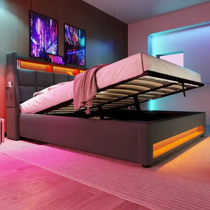 Queen/Full Size Upholstered Platform bed with a Hydraulic Storage System, LED and USB Charging
