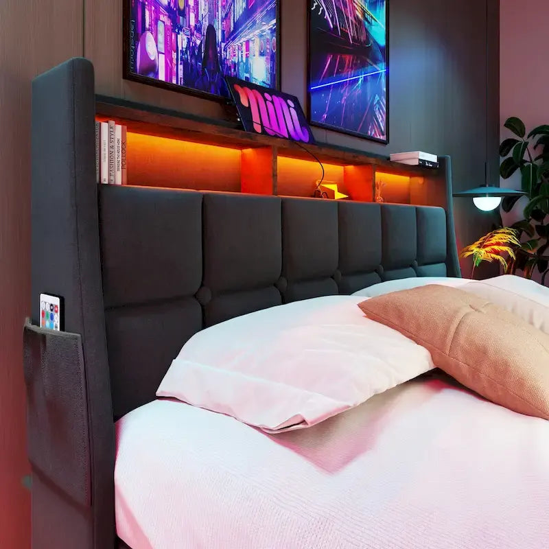 Queen/Full Size Upholstered Platform bed with a Hydraulic Storage System, LED and USB Charging