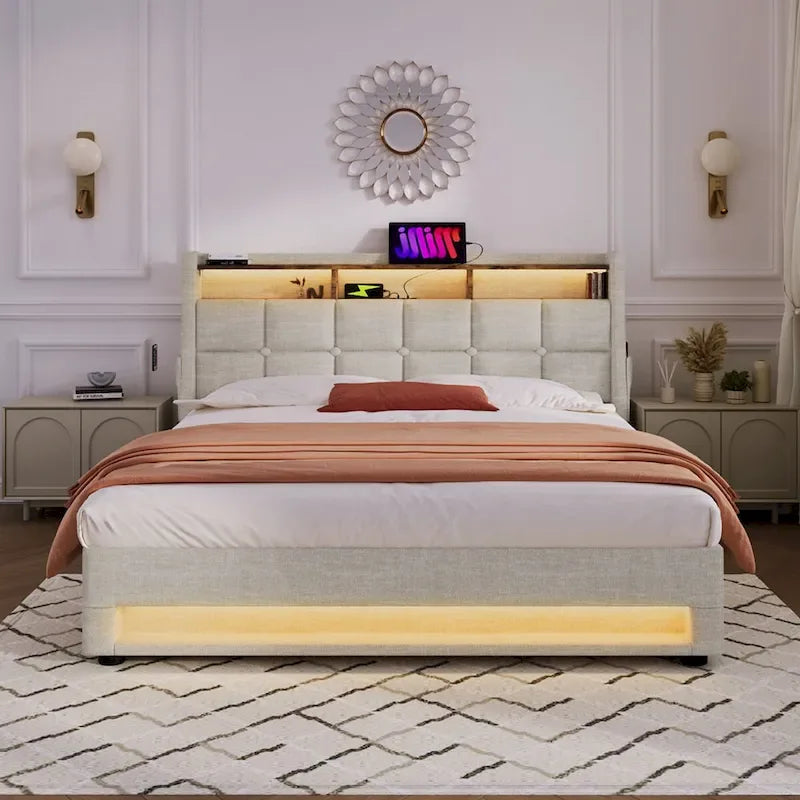 Queen/Full Size Upholstered Platform bed with a Hydraulic Storage System, LED and USB Charging