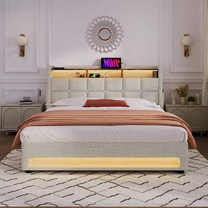 Queen/Full Size Upholstered Platform bed with a Hydraulic Storage System, LED and USB Charging