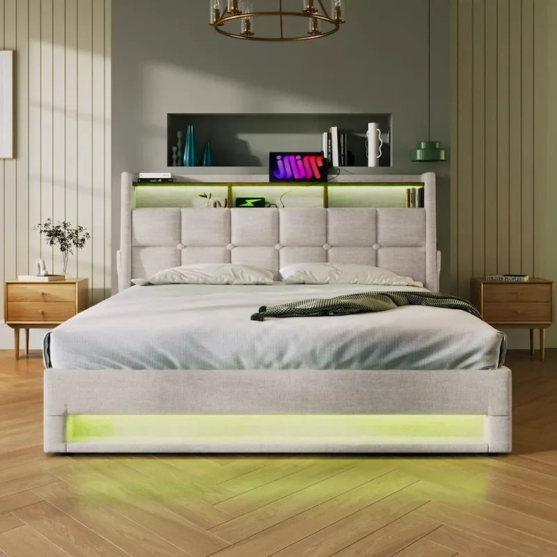 Queen/Full Size Upholstered Platform bed with a Hydraulic Storage System, LED and USB Charging