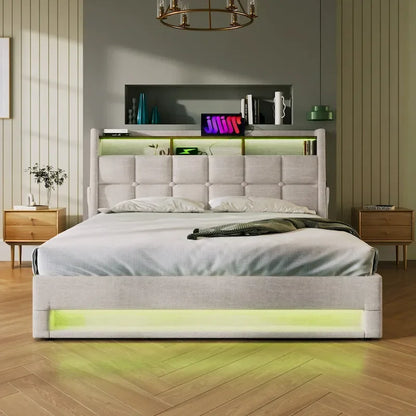 Queen/Full Size Upholstered Platform bed with a Hydraulic Storage System, LED and USB Charging