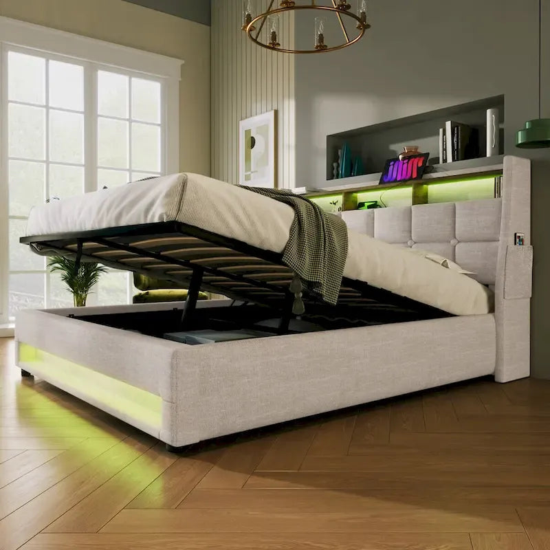 Queen/Full Size Upholstered Platform bed with a Hydraulic Storage System, LED and USB Charging