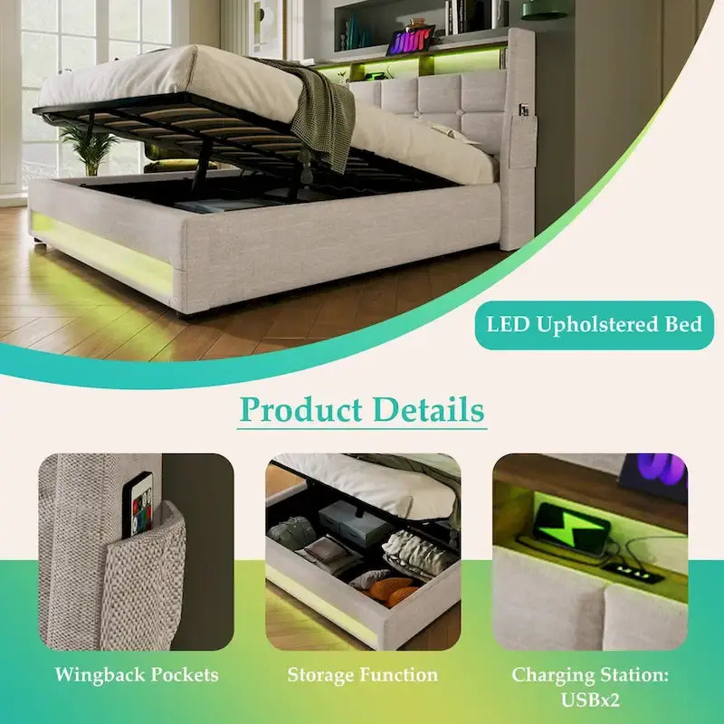 Queen/Full Size Upholstered Platform bed with a Hydraulic Storage System, LED and USB Charging