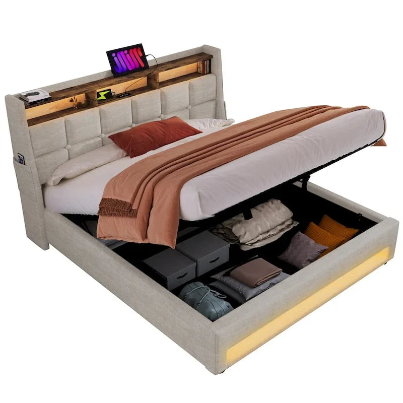 Queen/Full Size Upholstered Platform bed with a Hydraulic Storage System, LED and USB Charging