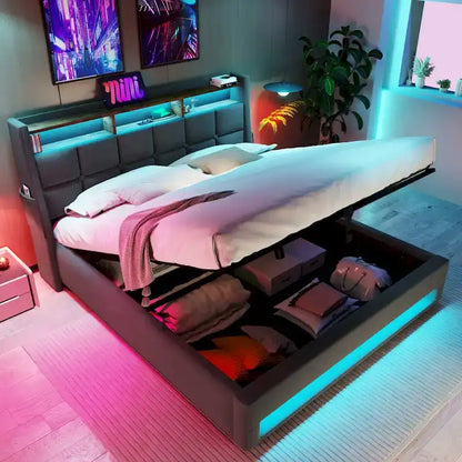 Queen/Full Size Upholstered Platform bed with a Hydraulic Storage System, LED and USB Charging