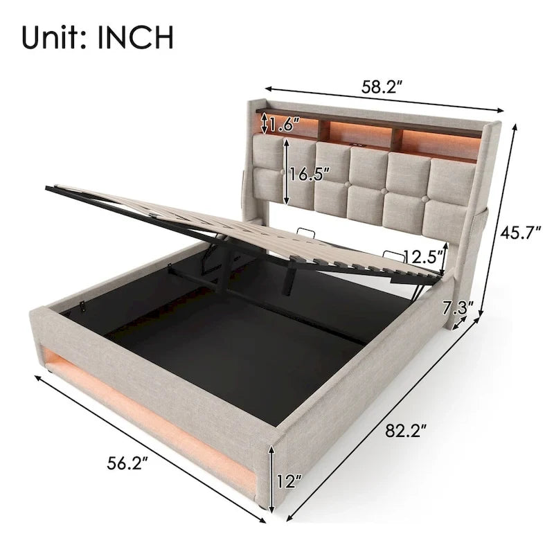 Queen/Full Size Upholstered Platform bed with a Hydraulic Storage System, LED and USB Charging