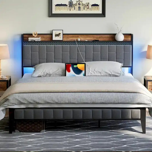 Bed Frame with LED Light and Storage Headboard