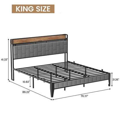 Bed Frame with LED Light and Storage Headboard