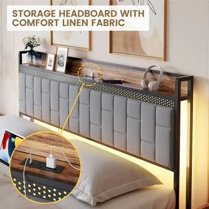 Bed Frame with LED Light and Storage Headboard