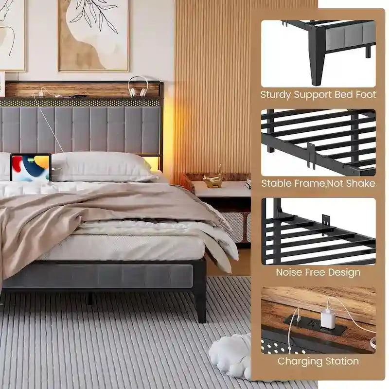 Bed Frame with LED Light and Storage Headboard