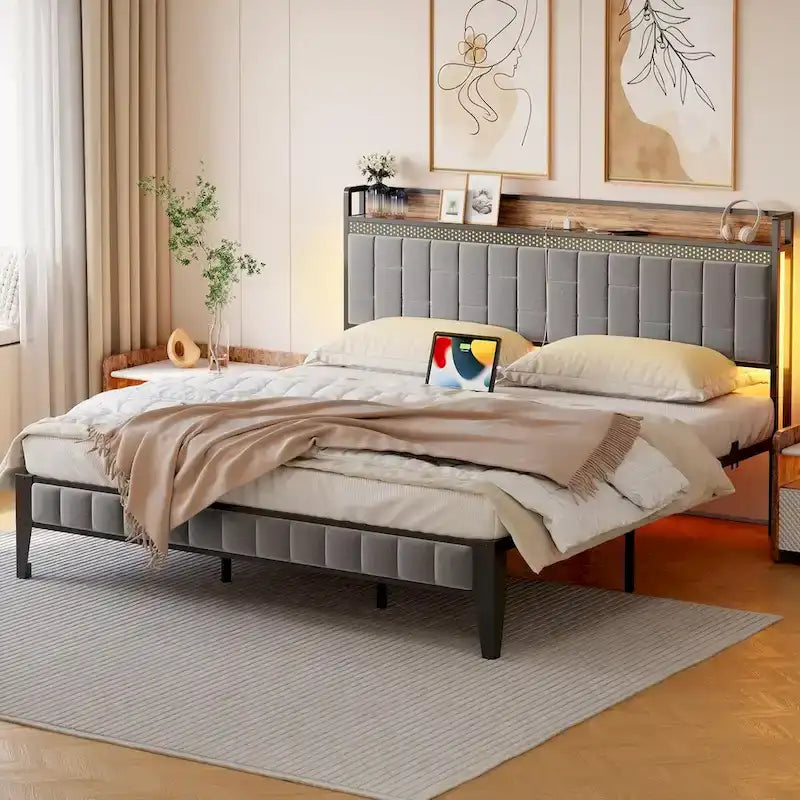 Bed Frame with LED Light and Storage Headboard