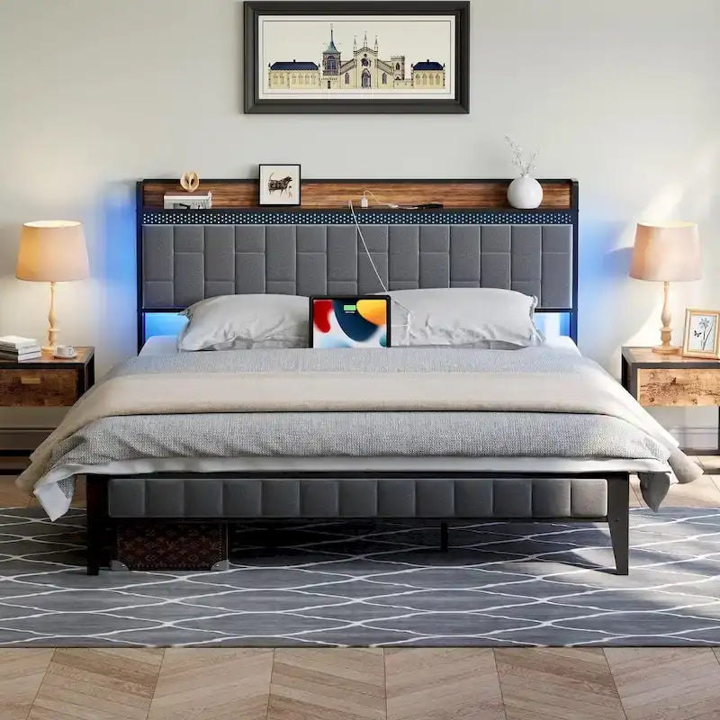 Bed Frame with LED Light and Storage Headboard