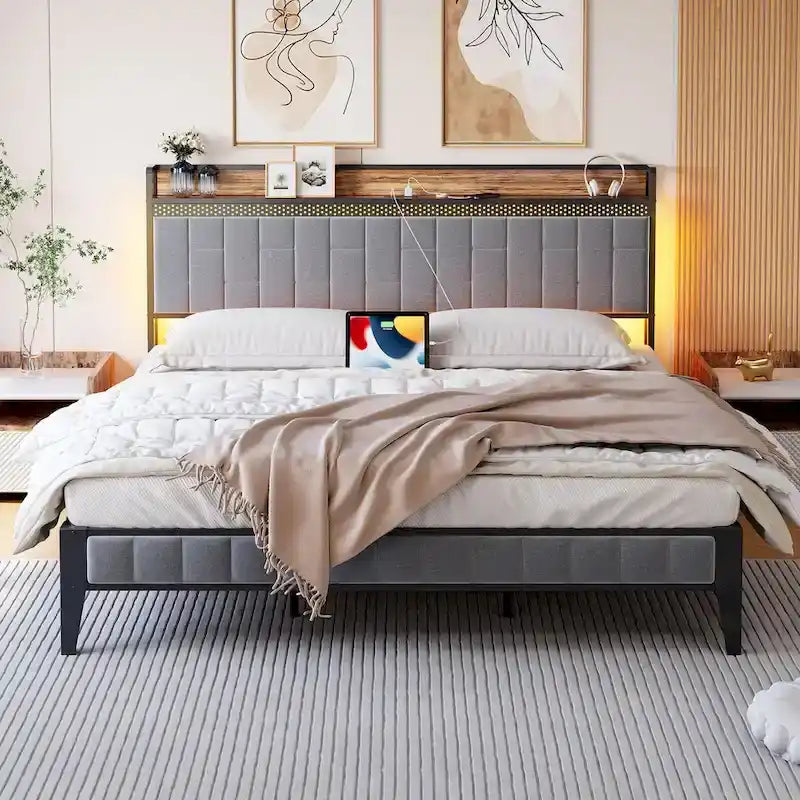 Bed Frame with LED Light and Storage Headboard