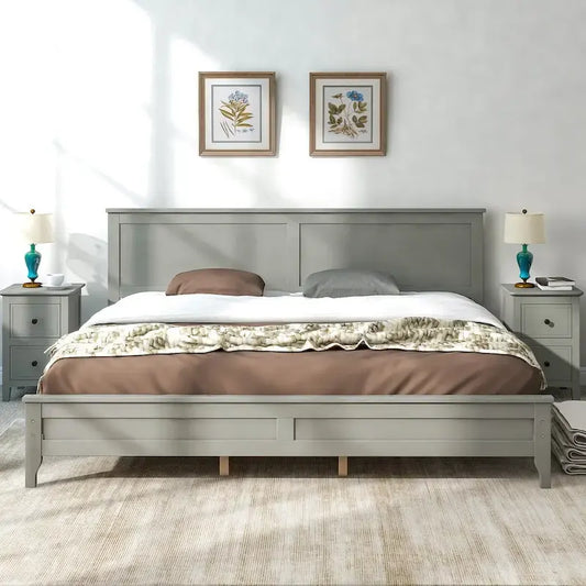 King Platform Bed in Modern Gray Pine Wood - Simple Slat Design, Elegant, High Load Capacity