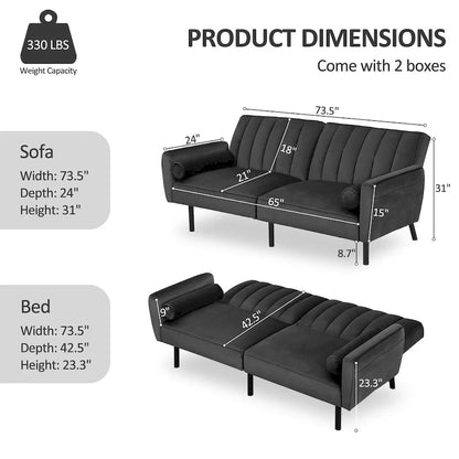 Velvet Futon Sofa Bed Convertible Sofa Couch with Adjustable Backrest, Daybed Guest Bed for Living Room - 2-Person
