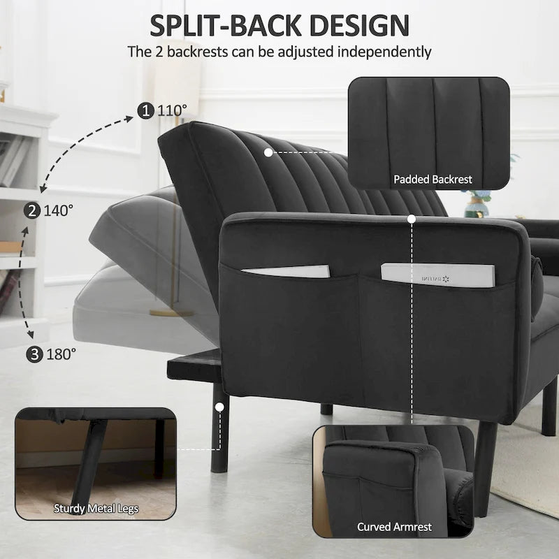 Velvet Futon Sofa Bed Convertible Sofa Couch with Adjustable Backrest, Daybed Guest Bed for Living Room - 2-Person