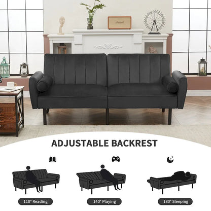 Velvet Futon Sofa Bed Convertible Sofa Couch with Adjustable Backrest, Daybed Guest Bed for Living Room - 2-Person