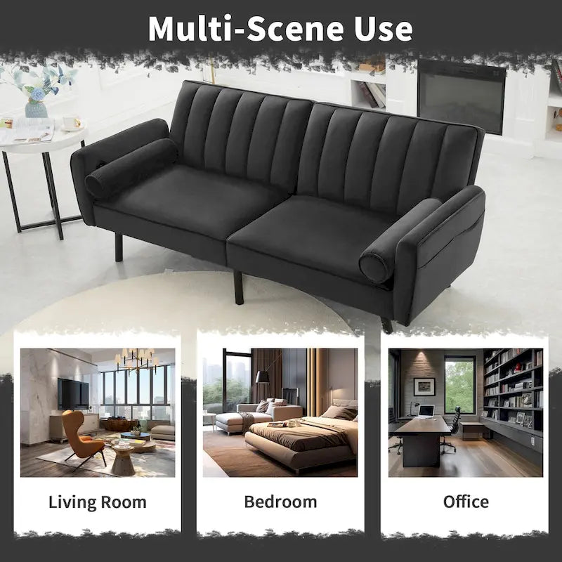 Velvet Futon Sofa Bed Convertible Sofa Couch with Adjustable Backrest, Daybed Guest Bed for Living Room - 2-Person