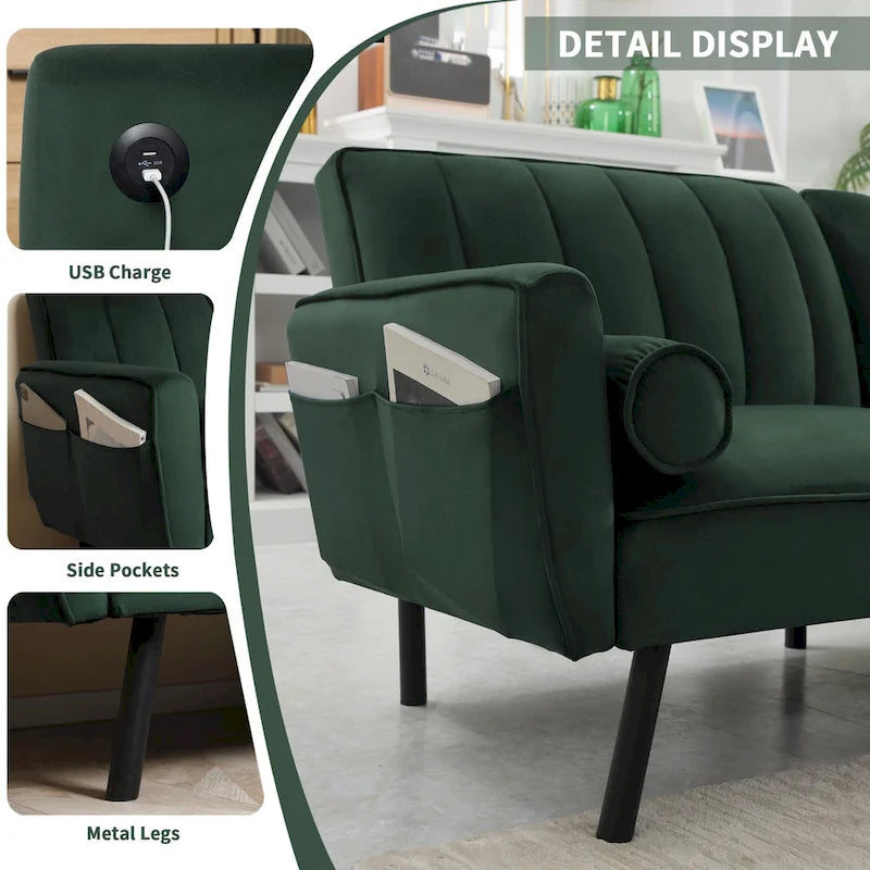 Velvet Futon Sofa Bed Convertible Sofa Couch with Adjustable Backrest, Daybed Guest Bed for Living Room - 2-Person