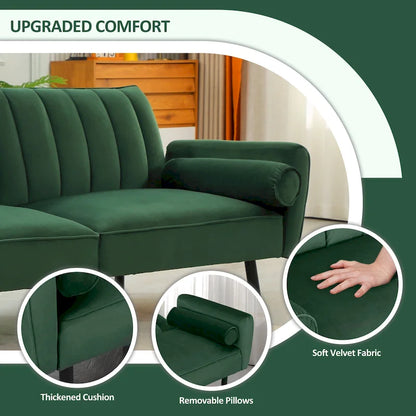 Velvet Futon Sofa Bed Convertible Sofa Couch with Adjustable Backrest, Daybed Guest Bed for Living Room - 2-Person