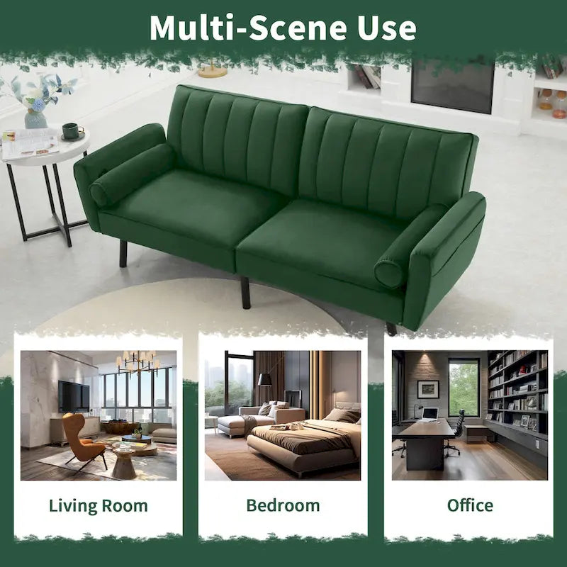 Velvet Futon Sofa Bed Convertible Sofa Couch with Adjustable Backrest, Daybed Guest Bed for Living Room - 2-Person