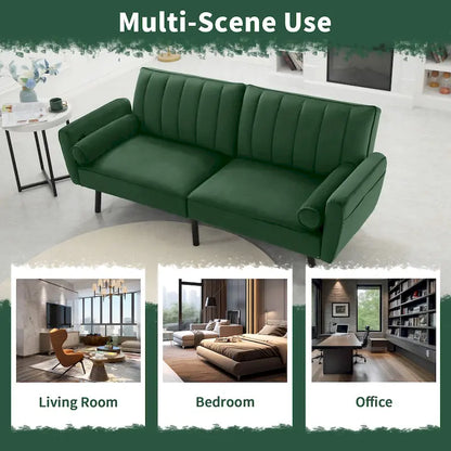 Velvet Futon Sofa Bed Convertible Sofa Couch with Adjustable Backrest, Daybed Guest Bed for Living Room - 2-Person