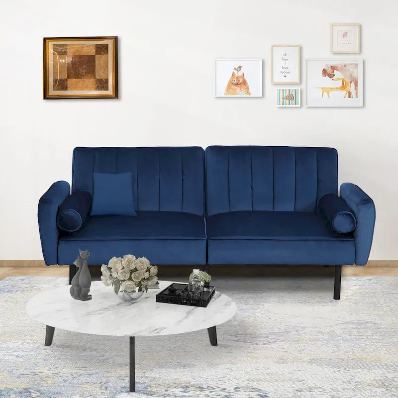 Velvet Futon Sofa Bed Convertible Sofa Couch with Adjustable Backrest, Daybed Guest Bed for Living Room - 2-Person