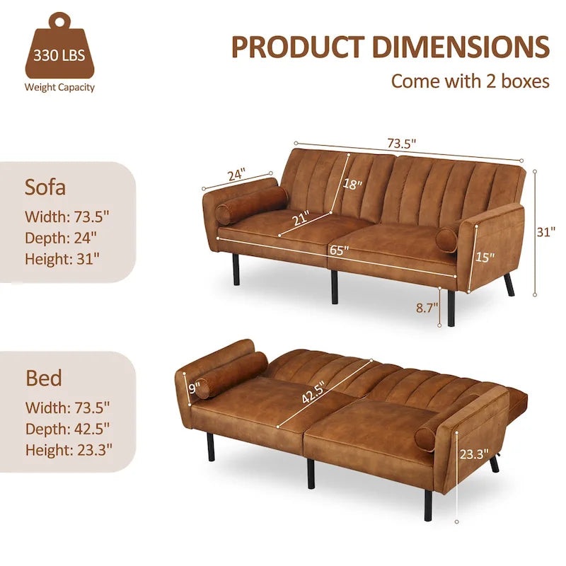 Velvet Futon Sofa Bed Convertible Sofa Couch with Adjustable Backrest, Daybed Guest Bed for Living Room - 2-Person