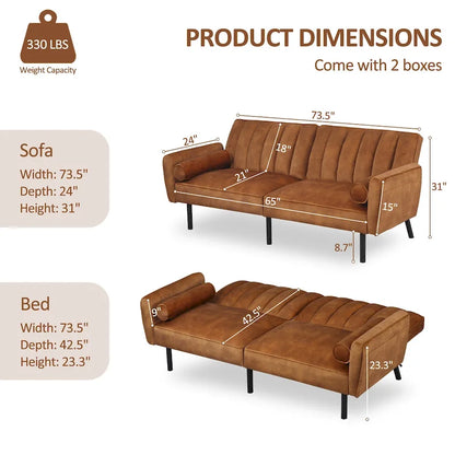 Velvet Futon Sofa Bed Convertible Sofa Couch with Adjustable Backrest, Daybed Guest Bed for Living Room - 2-Person