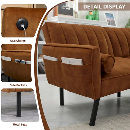 Velvet Futon Sofa Bed Convertible Sofa Couch with Adjustable Backrest, Daybed Guest Bed for Living Room - 2-Person