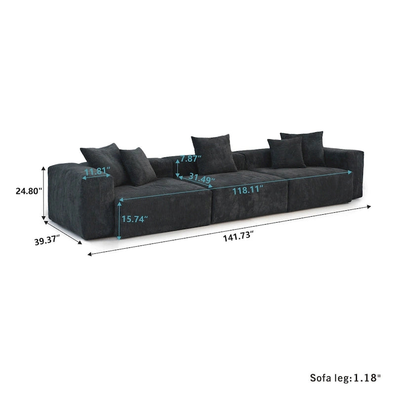 Black Corduroy Sectional Sofa Customized Sofa Couch with pillows.